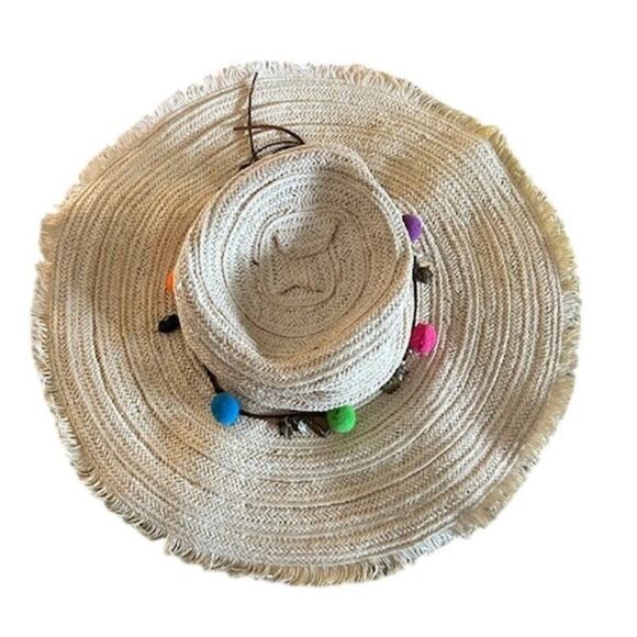 Cappelli Straworld Fringe Brim Straw Hat One Size – Pom Pom & Charm Band - Picture 1 of 9